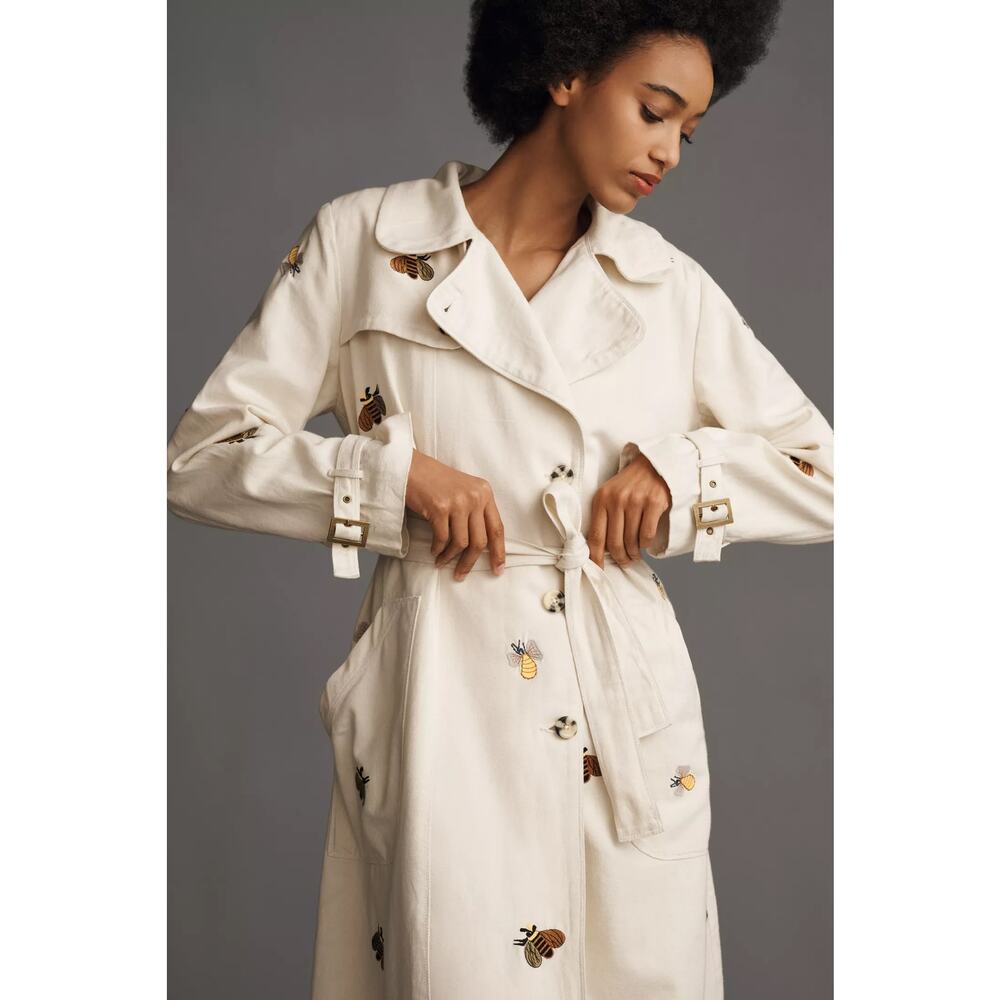 nwt ANTHROPOLOGIE MAVE sz M Embroidered Bumble Bee Linen Trench Coat